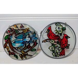 Pair Of Round 4" Sun Catcher Red And Blue Bird Stained Glass Window Hanger Set 2